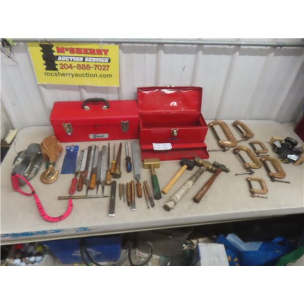2 Metal Tool Boxes, Files, Punches, Hammer, Mallet, Castors, C Clamps