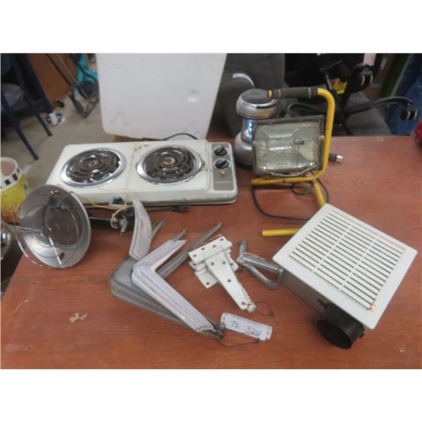 Standard 2 Burner Hot Plate, Work Light, Exhaust Fan, Propane Heater, Hinges, Shelf Brackets
