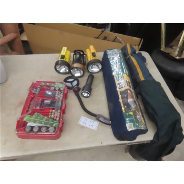 Dome Tent for 2, Tarp, Flashlights, Battery Test With Case and Batteries