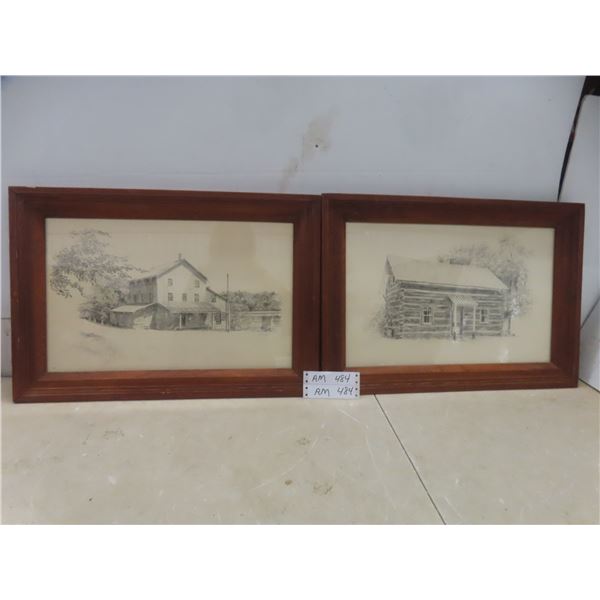 2 Wood Framed Sketch Style Pictures 15" X 22"