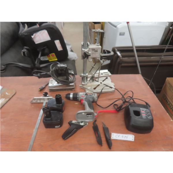 Drill Press Stand, Craftsman Power Sander, Cordless 12v Drill, 2 Batteries + Charger