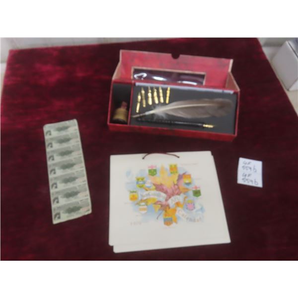 7 Bearer Bond Stamps 1948-1951, Feather Pen Set + New Canadian Art Calendar