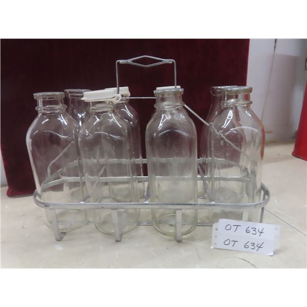 8 Vintage Milk Bottles With Metal Carrier