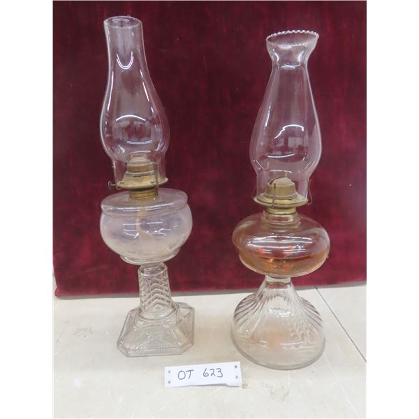 Two Oil Lamps With Chimneys 19" High