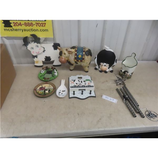 Cow-themed Lot - Wall Plaques, Statue, Wind Chimes, Spoon Rest, Letter Holder, and More
