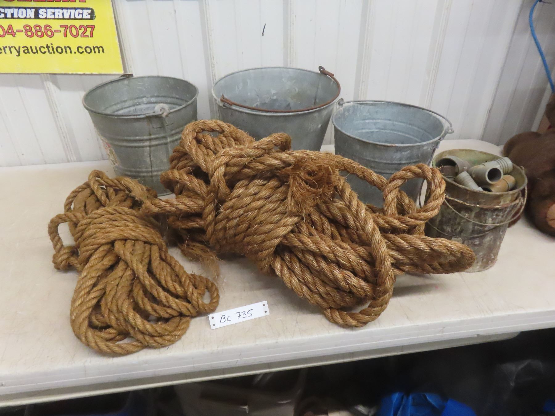Three Galvanized Pails, Assorted Plumbing Fittings, and Heavy-duty Rope ...