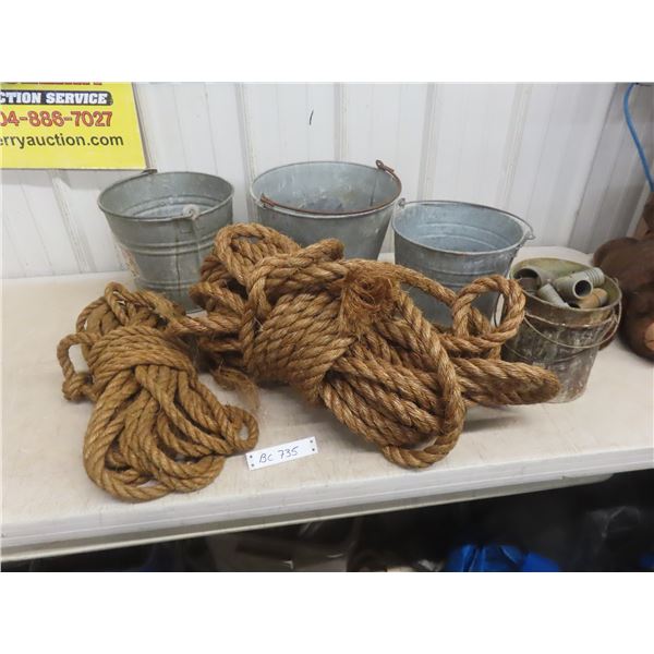 Three Galvanized Pails, Assorted Plumbing Fittings, and Heavy-duty Rope