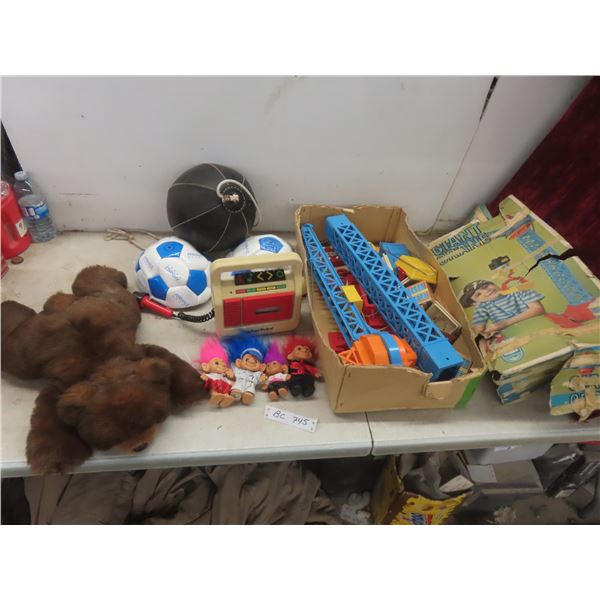 Giant Crane Toy, Fisher-price Cassette Player, Two New Soccer Balls, Teddy Bear, and Four Trolls