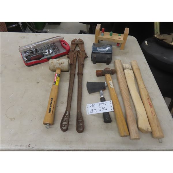 16 Oz Mallet, Bolt Cutters, Hatchet, 1/4" Drive Ratchet Set, Drill Bits, Wood Handles
