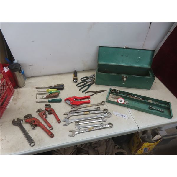 Metal Toolbox With Pliers, Wrenches, Screwdrivers, Pipe Wrenches, Crescent Wrench, Teflon Tape +