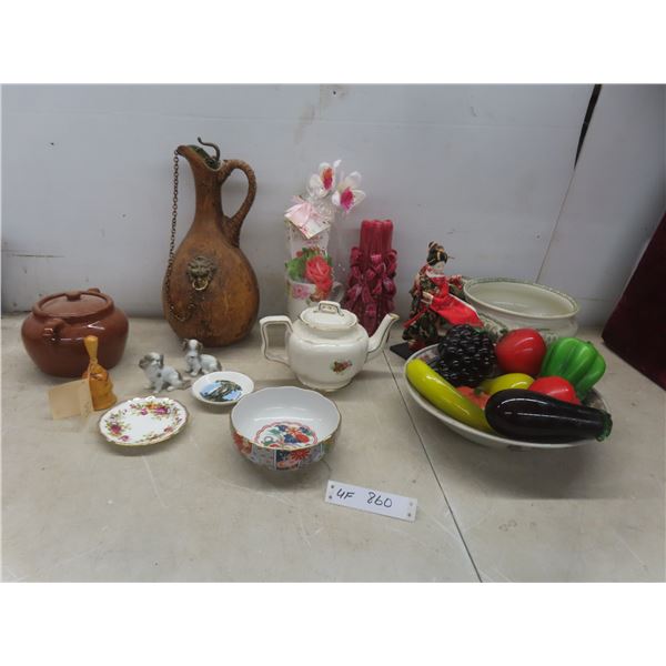 Leather Like Pitcher, Bean Pot, Candle Chamber Pot, Glass Fruit, Teapot, and More.