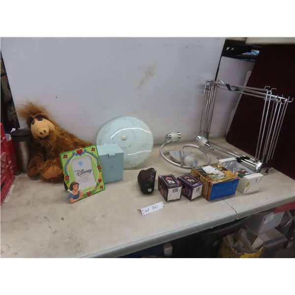 Store Display Racks, Candle Holder, Carousel Bells, Disney Picture Frame, Alf Plush, and Two Lig…