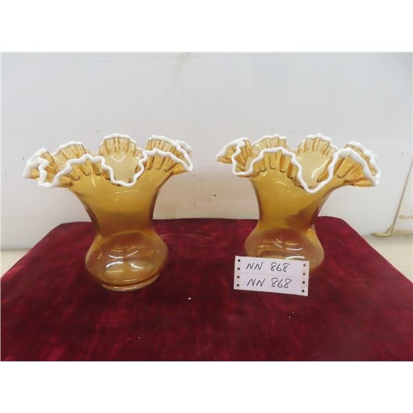 Two Fenton Amber Snow Crest Glass Vases, 8 1/2" Tall.