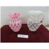 Image 1 : Fenton Cranberry Coin Dot Vase and White Opalescent Coin Dot Pitcher With Ruffled Rim and Clear…