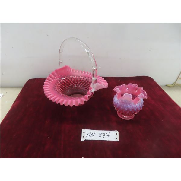 Fenton Cranberry Opalescent Hobnail Basket, 9" Tall, and Matching Ruffled Vase, 4 1/2" Tall.