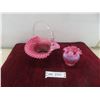 Image 1 : Fenton Cranberry Opalescent Hobnail Basket, 9" Tall, and Matching Ruffled Vase, 4 1/2" Tall.