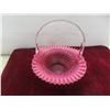Image 2 : Fenton Cranberry Opalescent Hobnail Basket, 9" Tall, and Matching Ruffled Vase, 4 1/2" Tall.