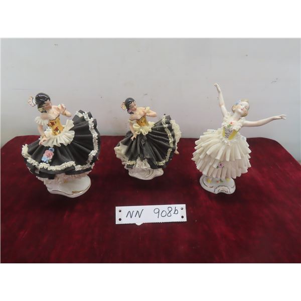 Three Dresden Lace Porcelain Figurines, Tallest 7", Some Skirt Damage.