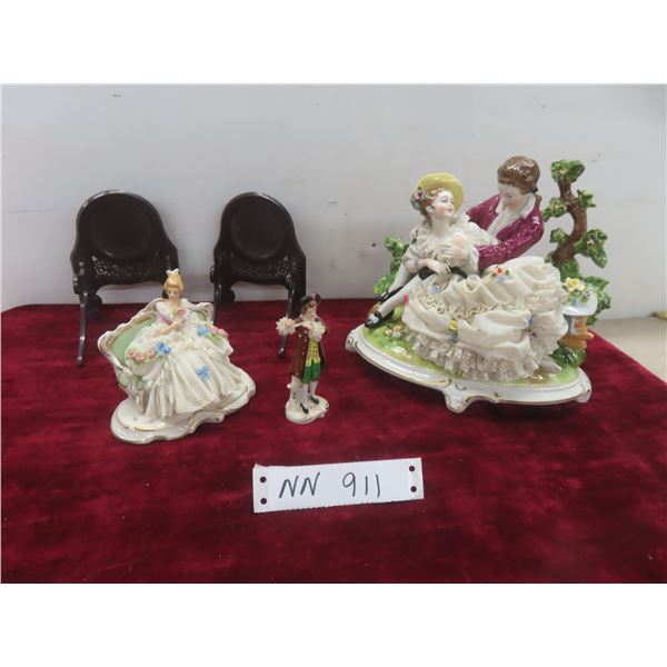 Three Dresden Lace Porcelain Figurines, Tallest 7 1/2" With Two Stands, Some Skirt Damage.