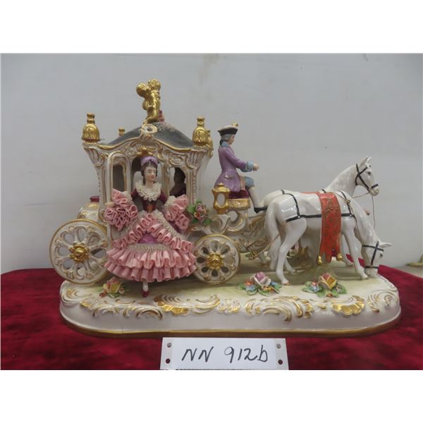 Large Dresden Lace Porcelain Stagecoach Figurine Approx. 11" X 16" X 9", Cracked Base and Dress…