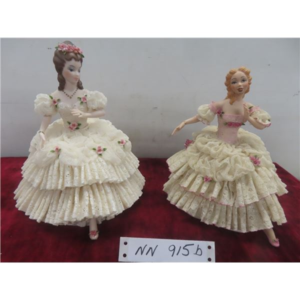 Pair of Dresden Lace Porcelain Figurines, 9" Tall, Some Damage to Skirt and Hand.