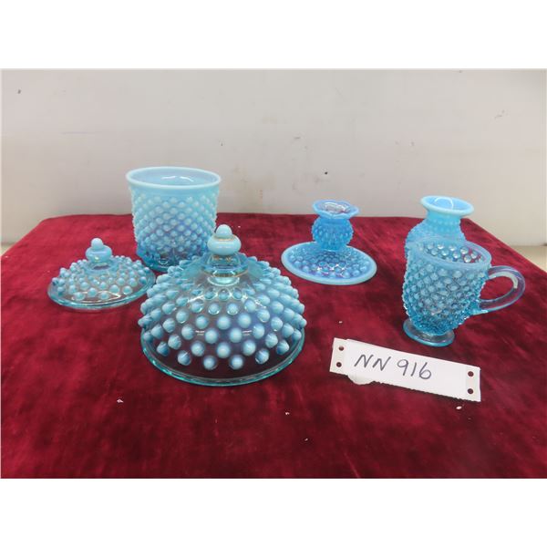 Six Fenton Blue Opalescent Hobnail Glass Items Including Creamer, Vase, Candle Holders, Bowls, L…