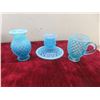 Image 2 : Six Fenton Blue Opalescent Hobnail Glass Items Including Creamer, Vase, Candle Holders, Bowls, L…