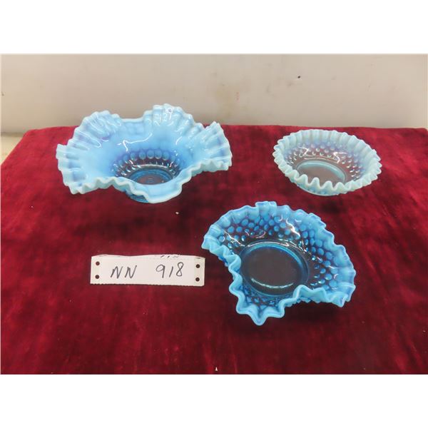 Three Fenton Blue Opalescent Hobnail Candy Bowls.