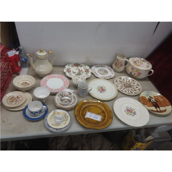 China Set Including Chamber Pot, Pitcher, Serving Plates, Bowls, and Saucers in Assorted Patterns.