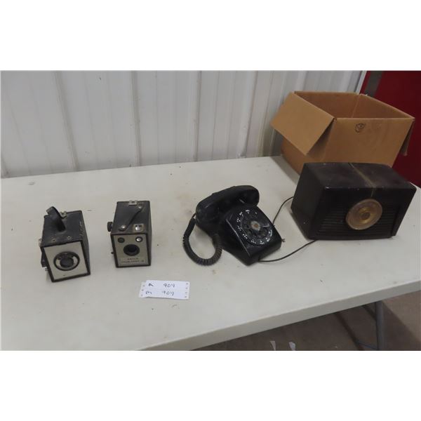 Two Box Cameras, Rotary Desk Phone and RCA Radio