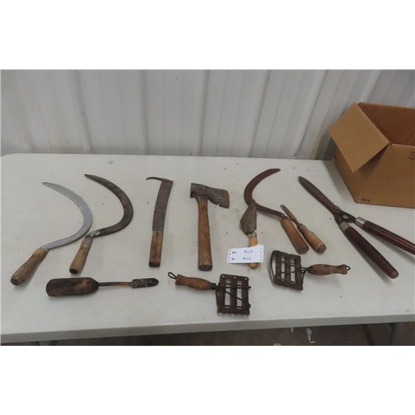 Sugar Beet Knife, Hand Sickle, Hatchet, Course Comb, Furse Iron, and Pliers