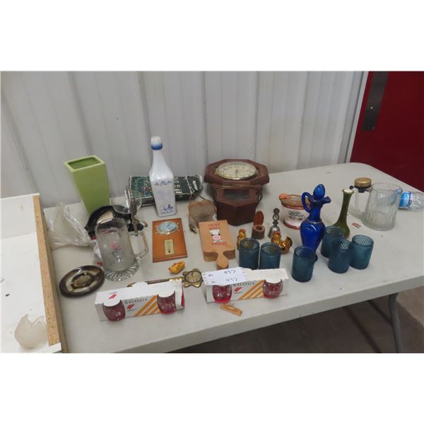 Wall Clock, Flask, Decanter, Glassware; Nut/Bolt Press Pin and More