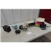 Image 1 : Sony Flip Alarm Clock, Polaroid Camera, and Box of Vintage Cameras