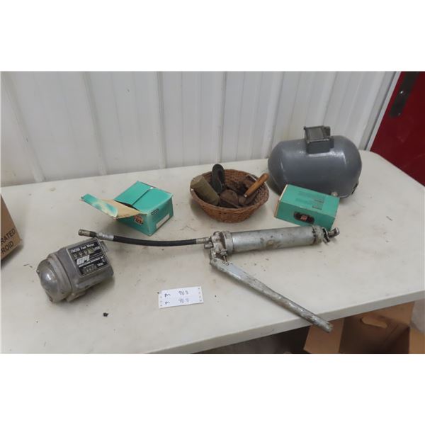 Fuel Meter, Tire Repair Tools and Tooling, Grease Gun, and Welding Helmet