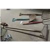 Image 3 : Five Hand Yard Tools Including Spade, Rakes, and Forks