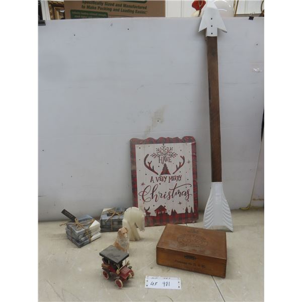 12 New Marble Coasters, Christmas Sign 16 x 12, Benson Hedges Cigar Box, Figurines and More