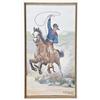 Image 1 : Original H. W. Hansen goache on board of a cowboy dashing across the plains on his horse with lariat