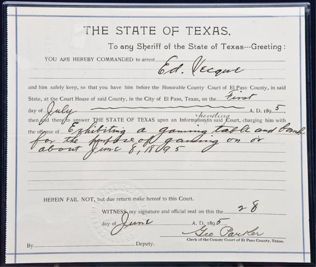 Lot of two historic original Texas arrest warrants, both with El Paso