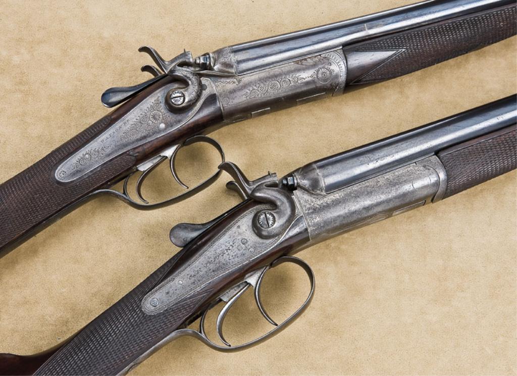 Interesting set of double barrel 410 gauge exposed hammer shotguns by