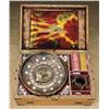 Image 1 : Impressive travelling gamblers ensemble, consisting of pearl inlayed roulette wheel, carrying brass 