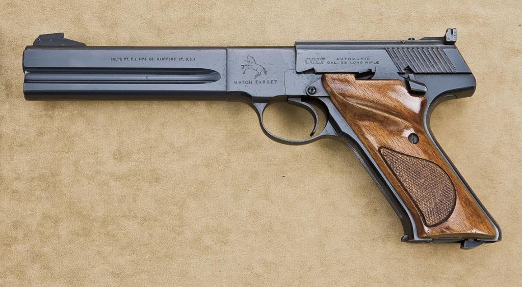 Colt Match Target semi-auto pistol, .22 LR cal.,6” barrel, blue finish, checkered thumb rest wood gr