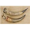 Image 1 : Lot of two powder horns, the first being approx.12” overall with a wood base plug, lots of wear and 
