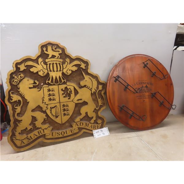 Wooden Wall Wine Rack and Coat of Arms Display, 24" X 24"