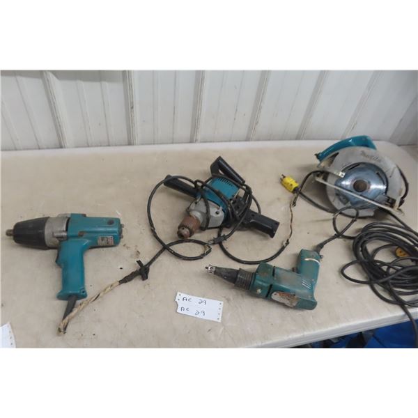 Four-Piece Makita Power Tool Set: 1/2" Impact, 1/2" Drill, Circular Saw, and Drywall Screw Gun
