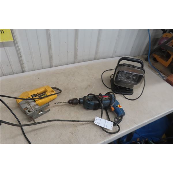 Bosch 1/2" Drill, DeWalt Jigsaw, and 12v Spotlight