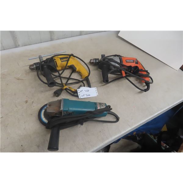 Power Tools - Ridgid Hammer Drill; DeWalt 1/2" Drill; Makita Angle Grinder