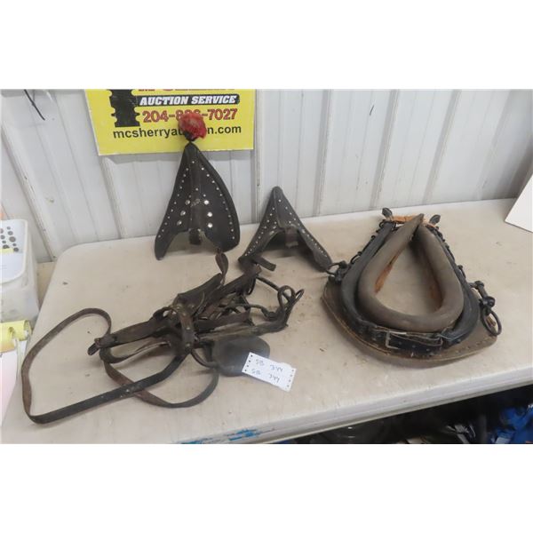 Pair of Scotch-Top Bridle Headpieces With Plume, Draft Horse Collar, and Bridle With Bit
