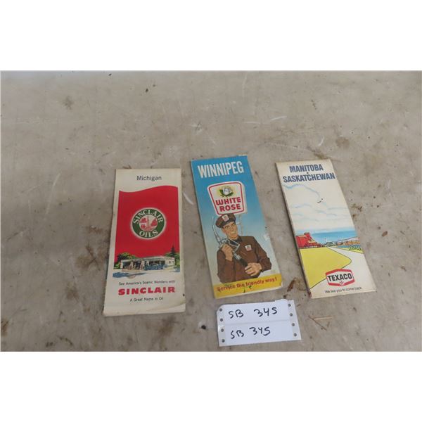 Three Vintage Road Maps: Texaco Manitoba/Saskatchewan; White Rose Winnipeg; Sinclair Michigan