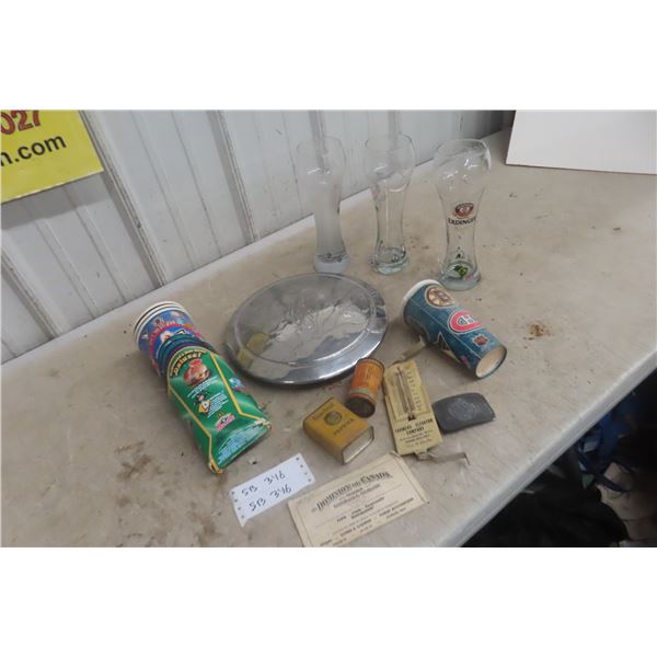 Ford Hubcap; Metal Thermometer; 2004 Soccer Glass; Spice Tins, And More