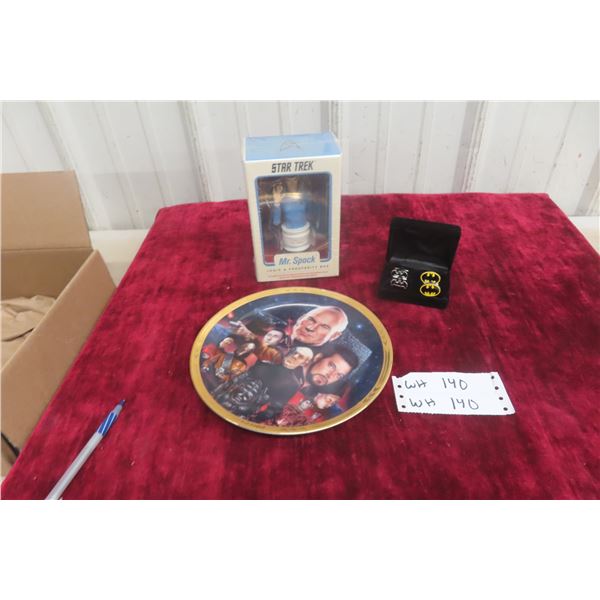 Star Trek Mr. Spock Bust, Star Trek Collector Plate + Batman Cufflinks